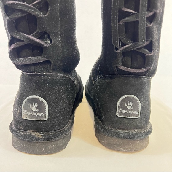 Bearpaw Boots Womens 9 Black Mid Calf Suede Faux Fur Trim Pull On Lace Up - Picture 4 of 10